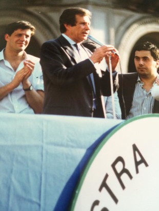 Da sinistra, Marco Valle, Tomaso Staiti e Riccardo Andriani in un comizio del Msi
