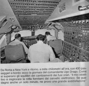Ritaglio di rivista che, negli Anni '70, celebra il comandante Alitalia  Ugo Drago, allora in servizio sulla Roma - New York. (Immagine dall'archivio di Gianluca Cavagliano). 