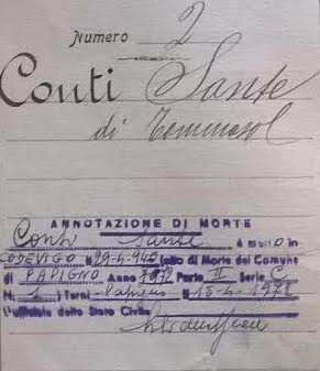 Particolare del registro anagrafico del distaccamento del Comune di Terni a Papigno, con il nominato, la data e il luogo di morte di Conti